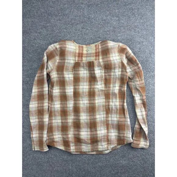 Prana Popover Shirt Women's XS Brown Plaid Button Front Long Sleeve Drawstring - Picture 6 of 6